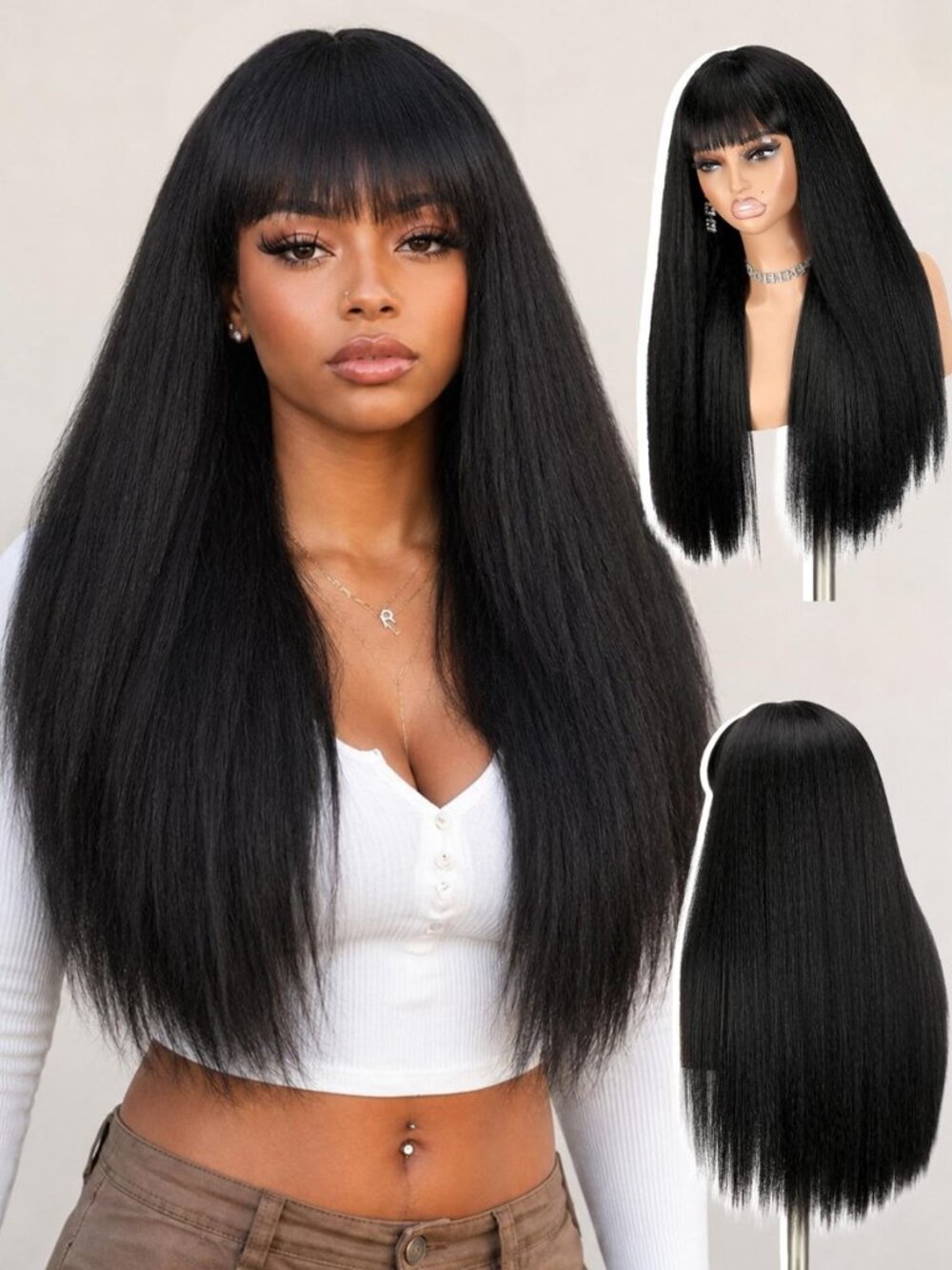 Long Yaki Straight Wig with Bangs for Black Women Soft Yaki Synthetic Wig